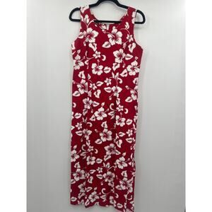 Ho Aloha Hawaiian Floral Maxi Dress Red White Cotton Sleeveless Size Large